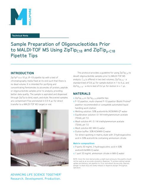 Sample Preparation of Oligonucleotides Prior to MALDI-TOF - Millipore