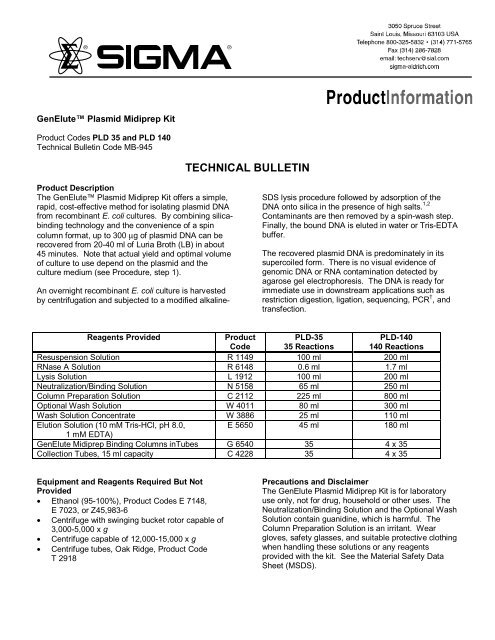 Genelute Plasmid Midiprep Kit Pld140 Bulletin Sigma Aldrich