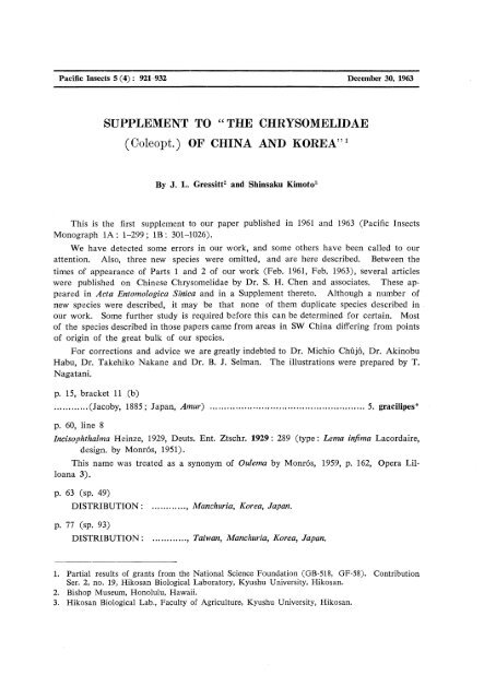 SUPPLEMENT TO "THE CHRYSOMELIDAE (Coleopt.) OF CHINA ...