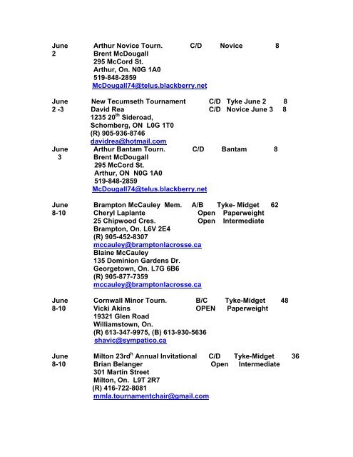 2012 Invitational Tournament Listing - Ontario Lacrosse Association