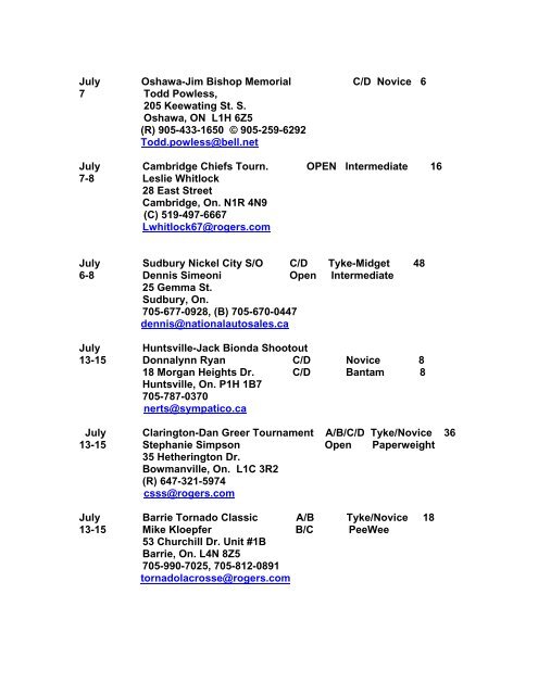 2012 Invitational Tournament Listing - Ontario Lacrosse Association