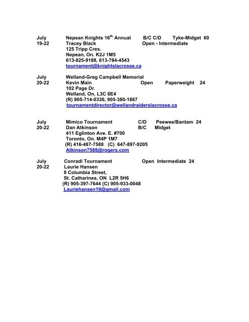 2012 Invitational Tournament Listing - Ontario Lacrosse Association