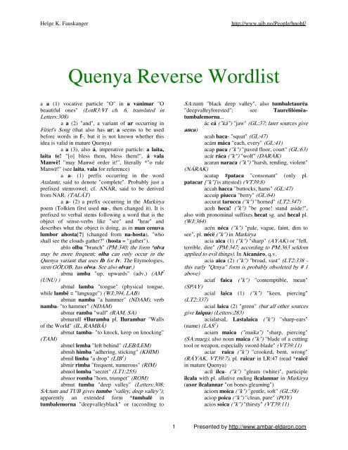 Quenya Reverse Wordlist - Ambar Eldaron