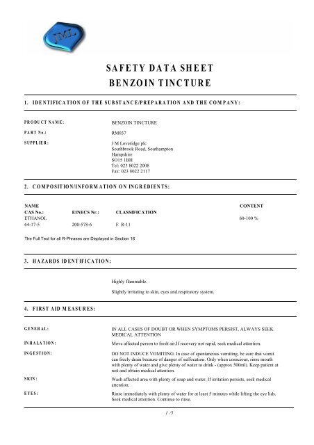 SAFETY DATA SHEET BENZOIN TINCTURE - J.M.Loveridge plc