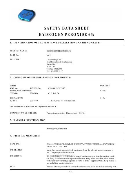 safety data sheet hydrogen peroxide 6% - J.M.Loveridge plc