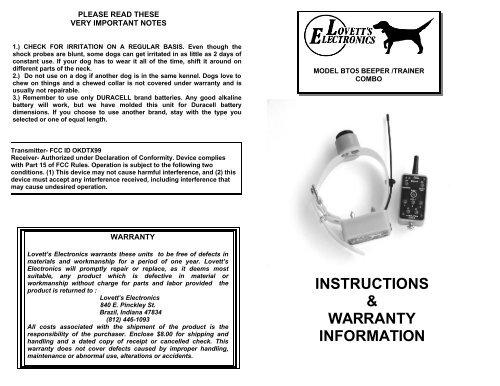 INSTRUCTIONS WARRANTY INFORMATION Lovett s Electronics