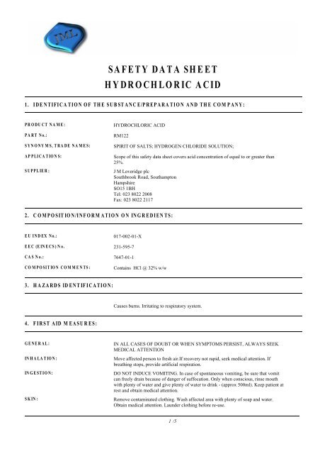 SAFETY DATA SHEET HYDROCHLORIC ACID - J.M.Loveridge plc