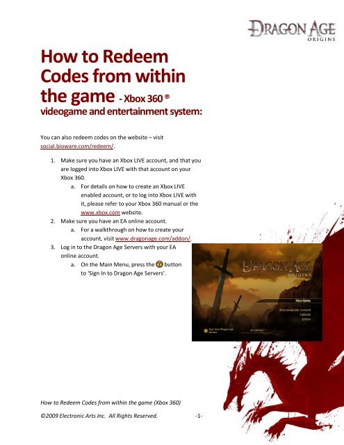 Uitschakelen Regenachtig bom How to Redeem Codes from within the game - Dragon Age - BioWare
