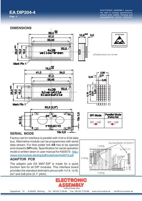 EA DIP204-4 LCD MODULE 4x20 - 3.73mm - Electronic Assembly