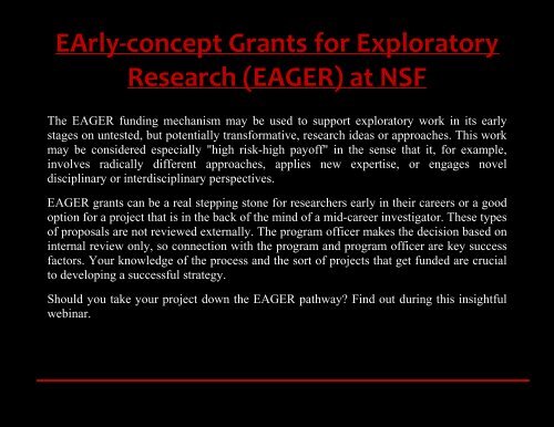 EArly-concept Grants for Exploratory Research (EAGER) at NSF