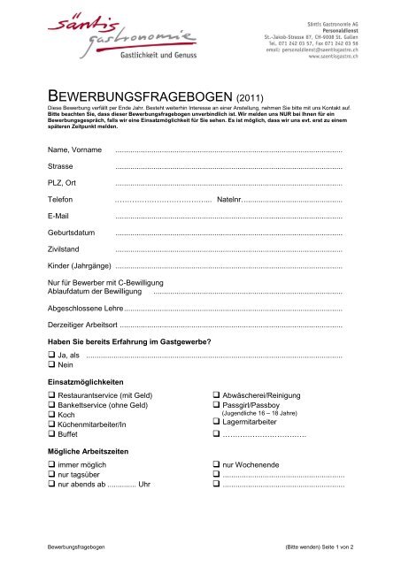 Bewerbung als Mitarbeiter/In Stammpersonal - Säntis Gastronomie AG