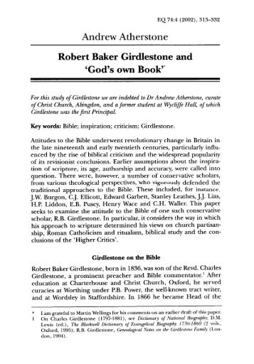 Andrew Atherstone Robert Baker Girdlestone and 'God's own Book"