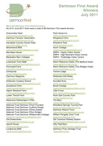 Dartmoor First Award Winners July 2011 - Dartmoor National Park
