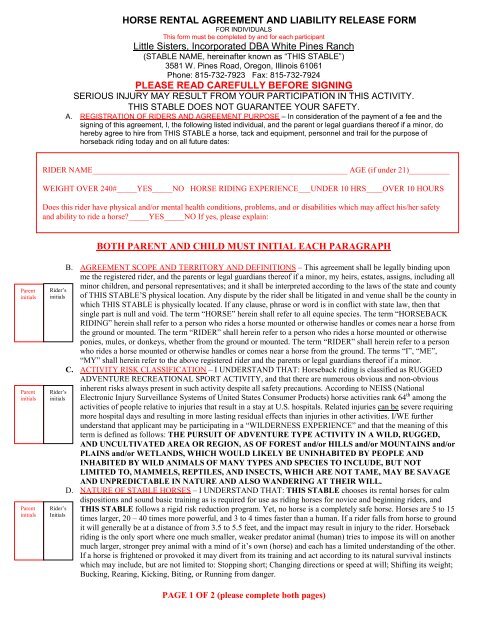 HORSE RENTAL AGREEMENT AND LIABILITY RELEASE FORM ...