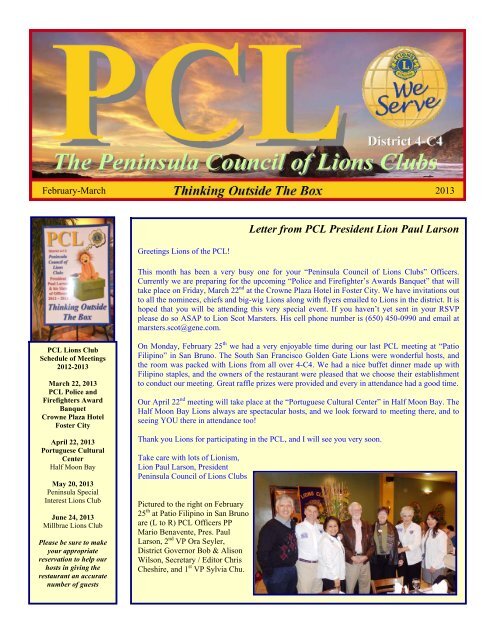 Letter From Pcl President Lion Paul Larson Lions District 4 C4