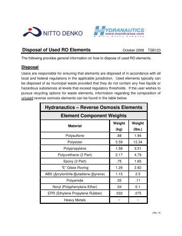 Disposal of Used RO Elements Hydranautics – Reverse Osmosis ...