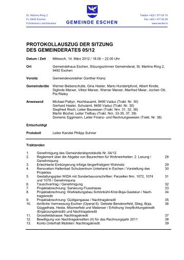 PROTOKOLLAUSZUG DER SITZUNG DES GEMEINDERATES 05/12