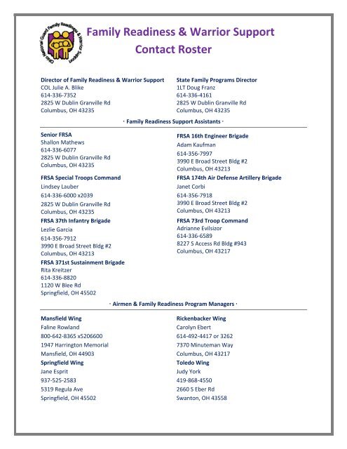 Family Readiness & Warrior Support Contact Roster