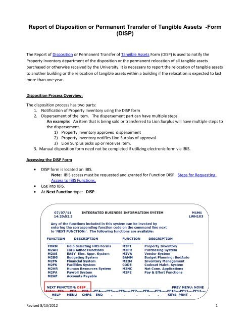 Report of Disposition or Permanent Transfer of Tangible Assets ...