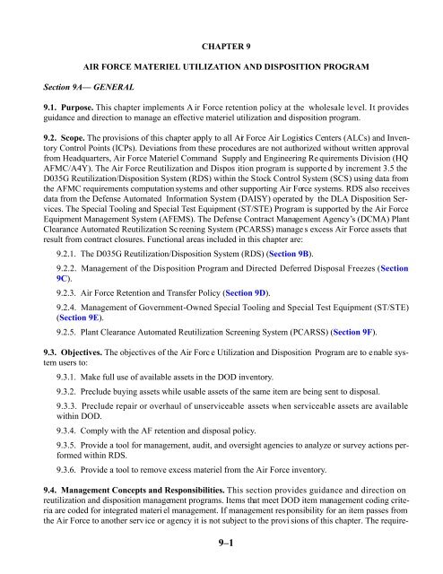 CHAPTER 9 AIR FORCE MATERIEL UTILIZATION ... - Air Force Link