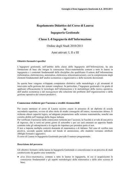 regolamento 2010-2011 iunior.pdf - Ingegneria Gestionale - Sapienza