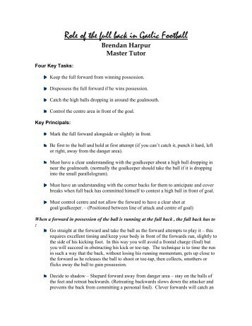 Role of the full back in Gaelic Football - Dublin GAA Coaching and ...