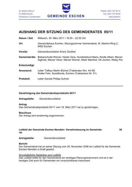 AUSHANG DER SITZUNG DES GEMEINDERATES 05/11
