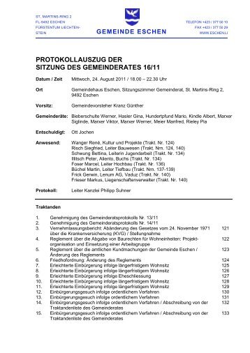 PROTOKOLLAUSZUG DER SITZUNG DES GEMEINDERATES 16/11