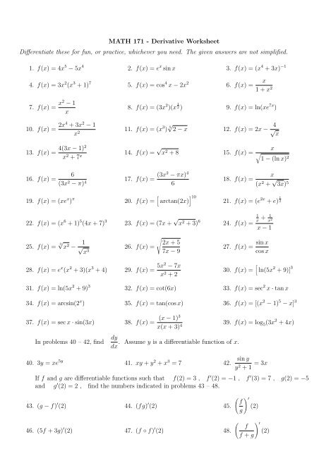 Derivative Practice Worksheet With Answers