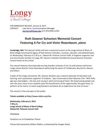 Ruth Gessner Schocken Memorial Concert Featuring A Far Cry and ...