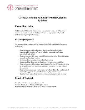 UM52A: Multivariable Differential Calculus Syllabus