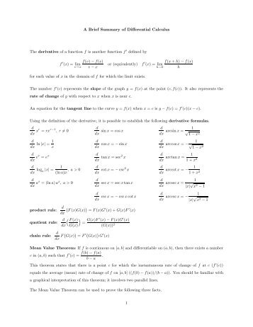 A Brief Summary of Differential Calculus The ... - Whitman People