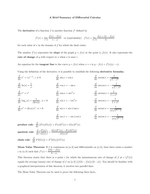 A Brief Summary of Differential Calculus The ... - Whitman People