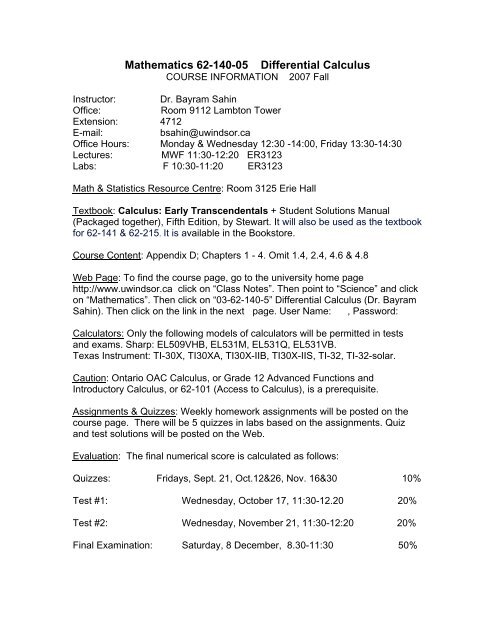 Mathematics 62-140 - Differential Calculus - Sections 2