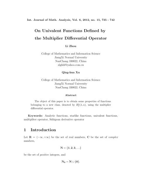 Univalent Function On Univalent Functions Defined by the Multiplier Differential ...