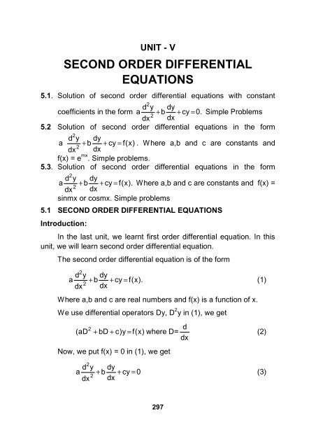 SECOND ORDER DIFFERENTIAL EQUATIONS