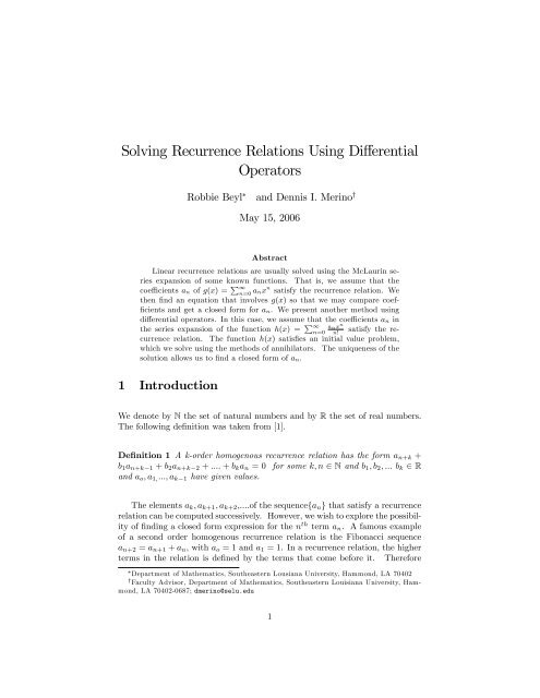 Solving Recurrence Relations Using Differential Operators - Sections