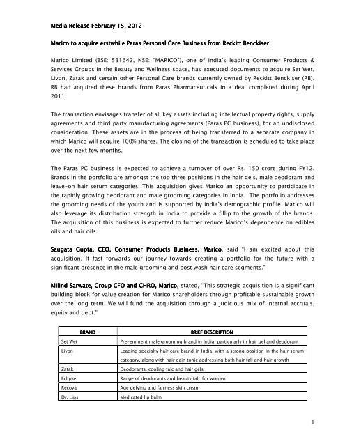 Media Release From Marico Feb 15 2012