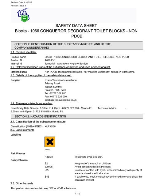 SAFETY DATA SHEET Blocks - 1066 CONQUEROR DEODORANT ...