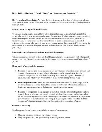 Ethics - Handout 17 Nagel Ethics - MIT OpenCourseWare