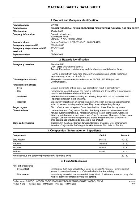 MSDS 018 SUNBELT HOSPITAL DE DIS DEODORANT 