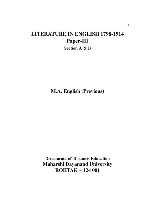 LITERATURE IN ENGLISH 1798-1914 Paper-III - Maharshi ...