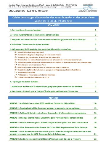 Cahier des Charges de l'inventaire des Zones Humides