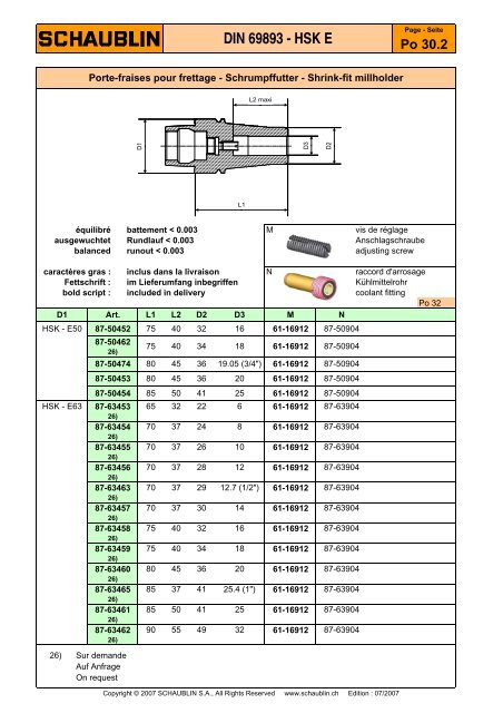 DIN 69893 - HSK E - Schaublin SA