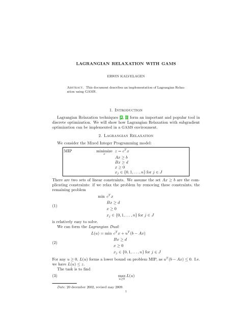 Lagrangian Relaxation with GAMS - Amsterdam Optimization ...