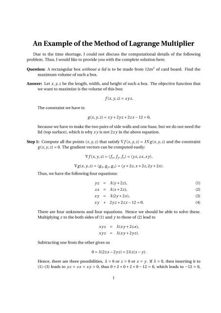 An Example of the Method of Lagrange Multiplier