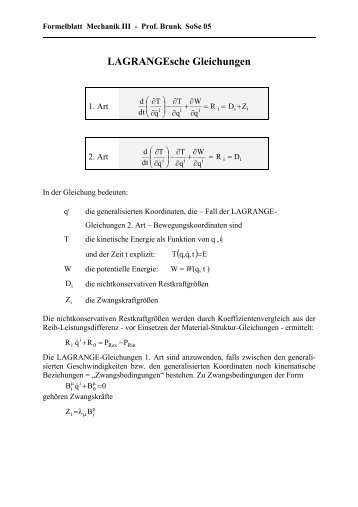 LAGRANGE-Gleichungen allgemein - Institut für Mechanik der TU ...