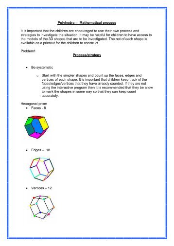 Polyhedra – Mathematical process It is important that the children ...