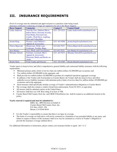 VENDOR COMPLIANCE MANUAL - Cracker Barrel