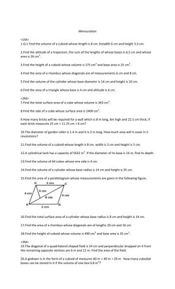 Mensuration  1.Q 1 Find the volume of a cuboid whose length ...